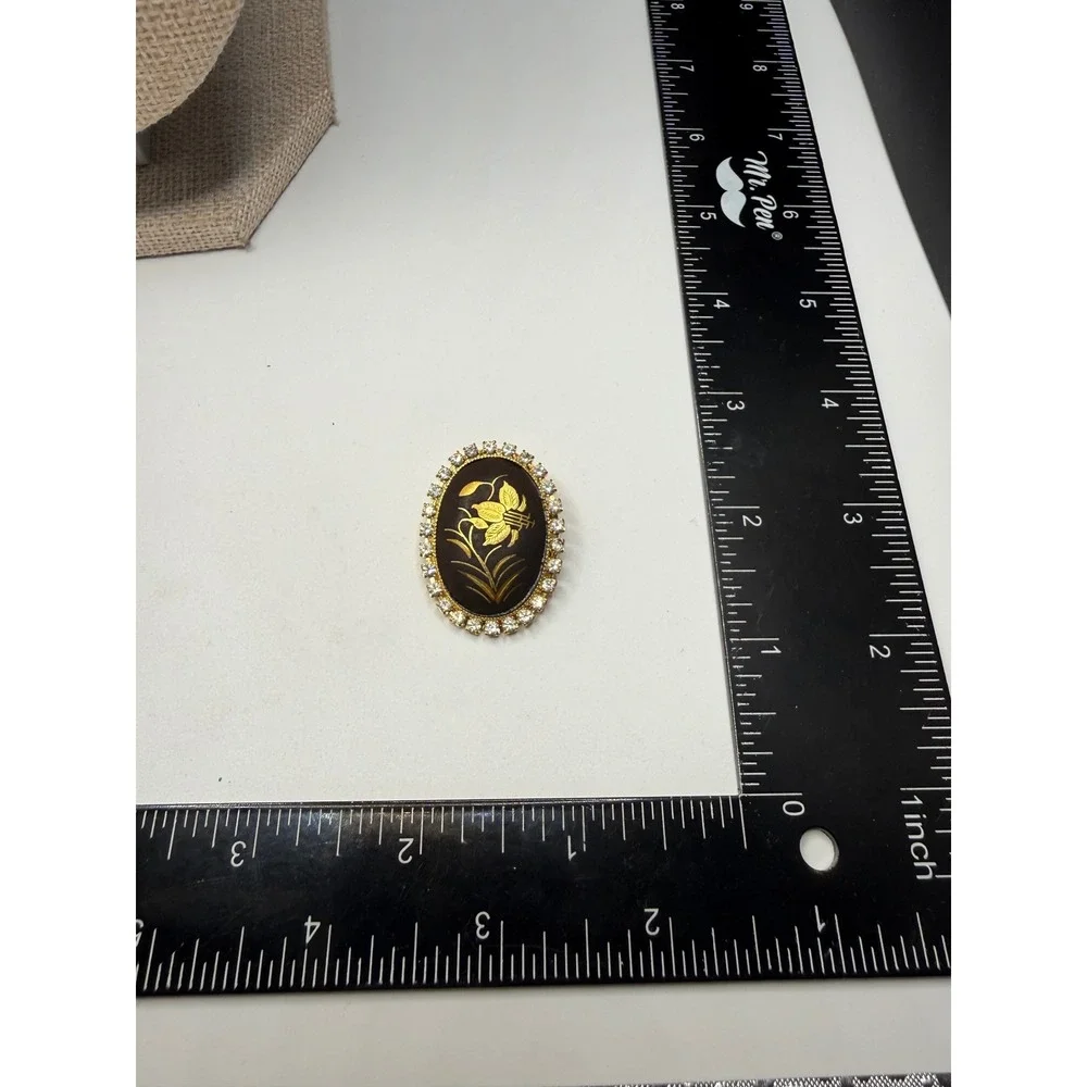 Vintage Gold‎ Tone Black Damascene Floral Brooch Pendant Clear Rhinestone Halo